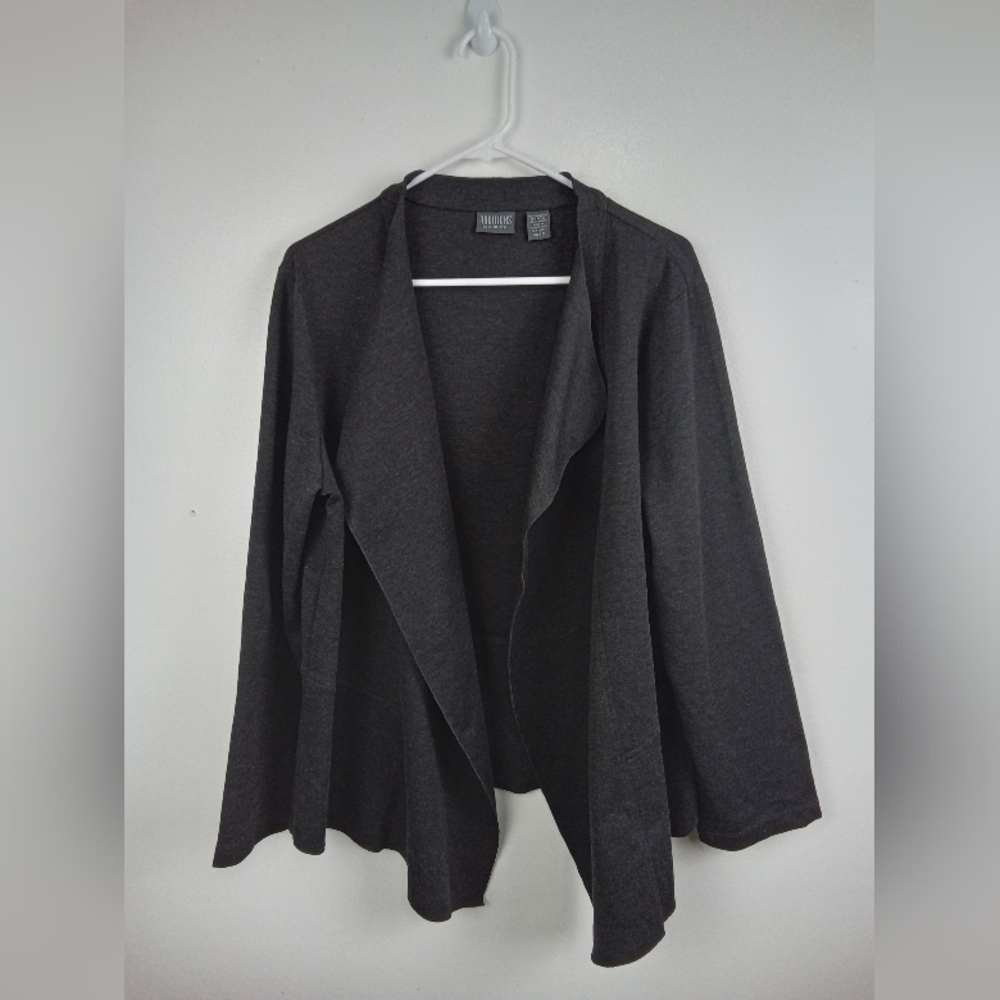 Additions by Chicos 3 Women Gray Knit Open Front Cardigan Long Sleeve Career